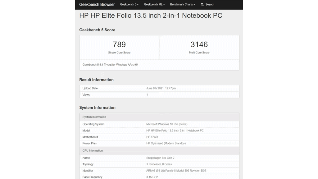 HP Elite Folio Geekbench Single