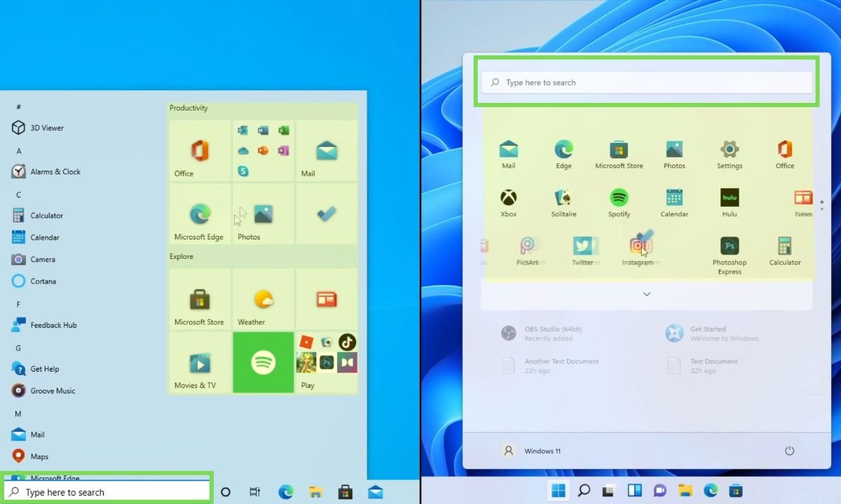 The search bar is now integrated into the Start Menu itself